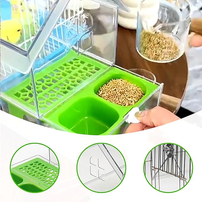 Ziveseller/Sowhathow Pull-Out External Parrot Feeder, Parrot Feeder Parakeet House Bird Bath Transparent Dish Water, Hanging Wild Bird Seed with Squirrel Proof Tray (Green*2)