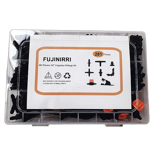 281 Pcs Irrigation Fittings Kit,1/4" Tubing Drip Irrigation Fittings,Irrigation Fittings Kit for Flowerpot Lawn(Straight Barbs,Single Barbs,Valves,Tubing Cutter,Tees,Elbows,End Plugs,4-Way Coupler).