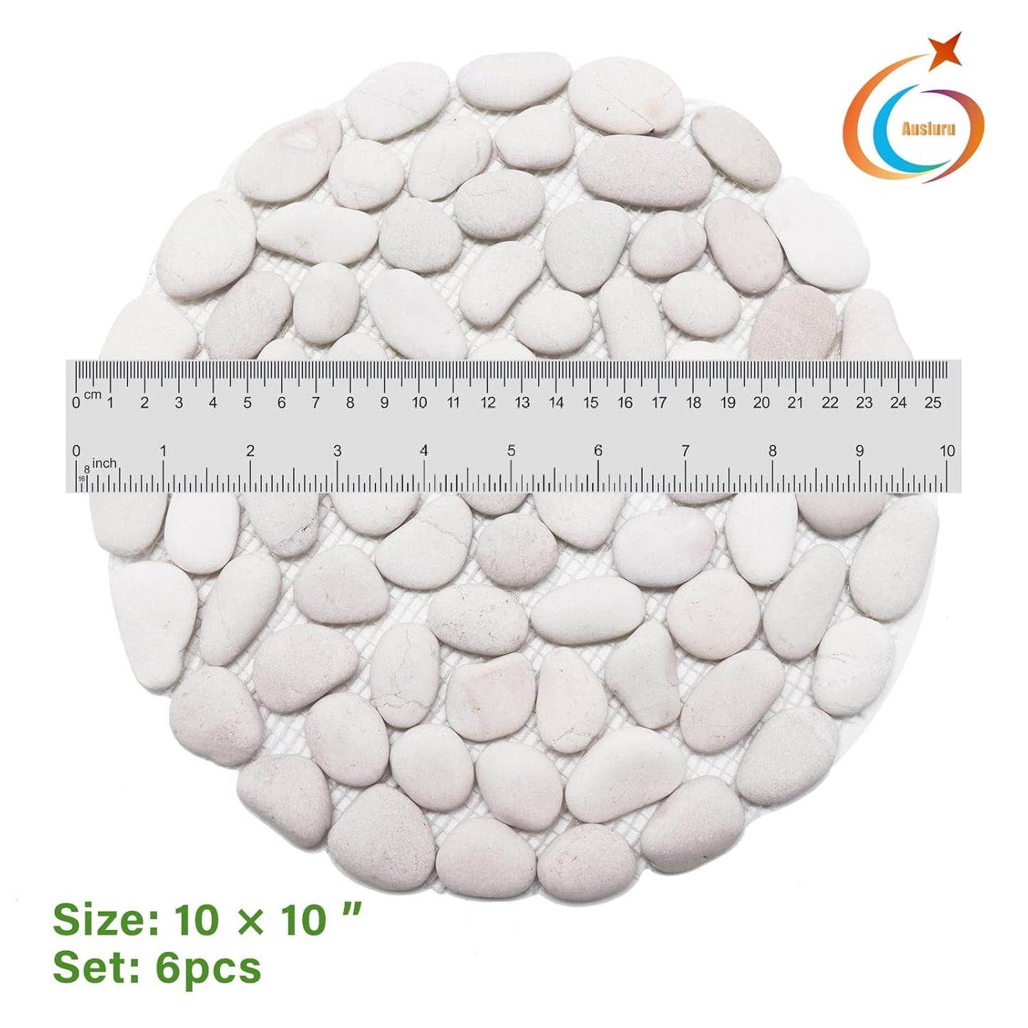 10in River Rock Stepping Stones Set - 6 Pack | Polished Pebble | Long-Lasting PVC Mesh Backing | Perfect for Garden Paths and Lawns Outdoor Landscaping Decoration | White Circle