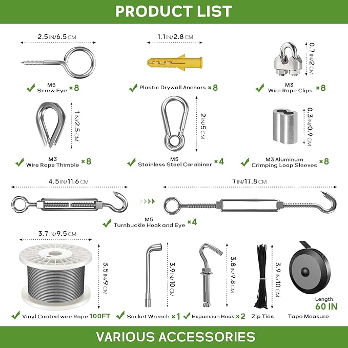 1/8" Wire Rope Kit, 100FT Steel Wire Cable, Vinyl Coated Stainless Steel Cable with Turnbuckles for Outdoor, Garden, Kitchen and Craft Projects