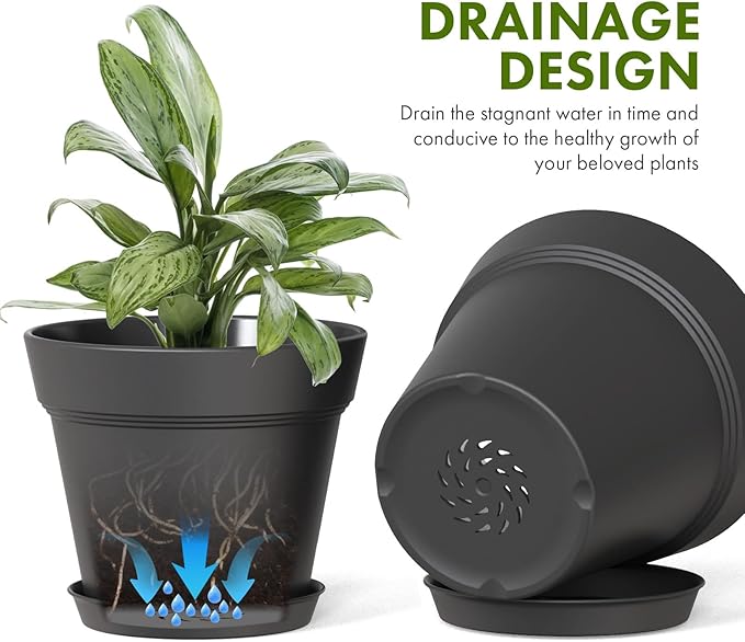 5 Inch Plastic Plant Pots with Drainage Holes and Trays – 6 Pack Small Nursery Pots for Indoor & Outdoor House Plants and Flowers, Seedling Starter Planters, Matte Black