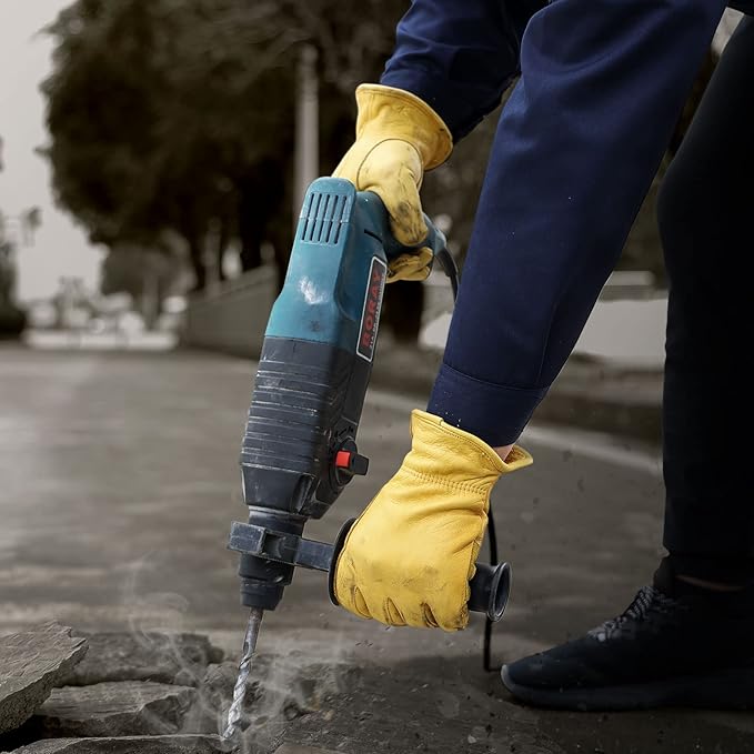 OZERO Leather Work Gloves: 3 Pairs Heavy Duty Work Glove Tough Cowhide Driver Gloves for Construction Gardening Yard Work Truck Driving Farming DIY Gold Medium