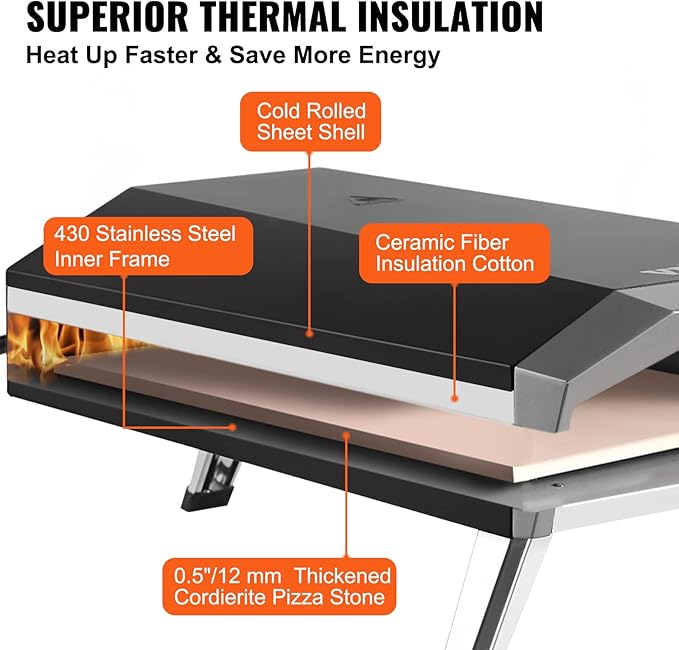 VEVOR Outdoor Propane Gas Pizza Oven, 13 inch Propane Pizza oven, 3 Layers Thick Portable Pizza Maker for Outside Backyard Camping Picnic, Carry Bag, Foldable Leg