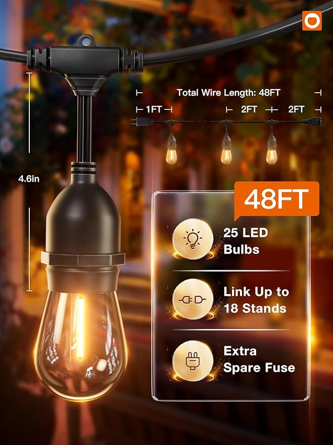 addlon 48FT LED Outdoor String Lights with 25 Edison Vintage Shatterproof Bulbs and Commercial Grade Weatherproof Strand - ETL Listed Heavy-Duty Decorative Lights for Patio Garden