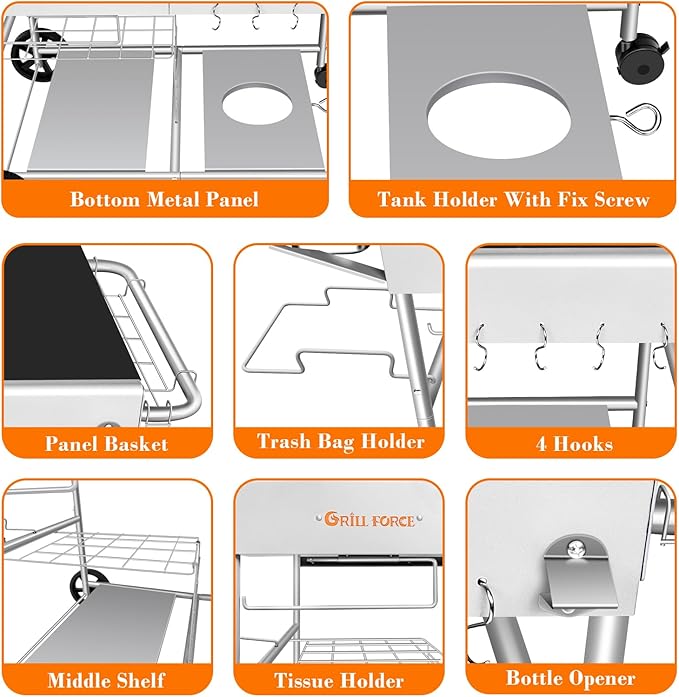 Pizza Oven Table with Topping Station, Outdoor Pizza Oven Cart, Grill Table for Outside, Grill Cart, Food Prep Work cart Fits for Ninja Woodfire Grill, Blackstone Griddle,Tabletop Grill