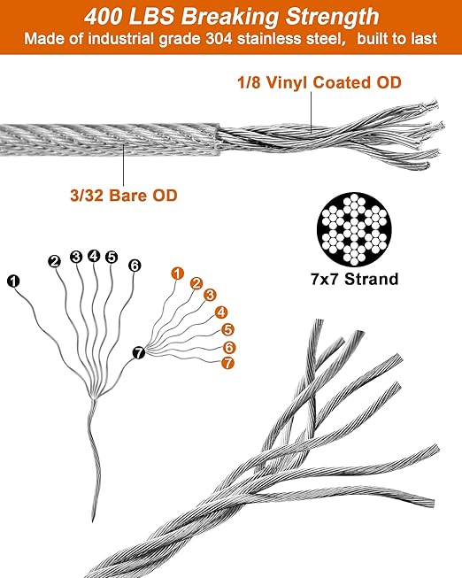 220 FT 1/8" Wire Rope Kit, 304 Stainless Steel Cable with M5 Turnbuckles for Cables Wire, Vinyl Coated String Lights Hanging Wires for Outdoor Camping, Trellis, Garden, Clothes line, Curtain, Festival