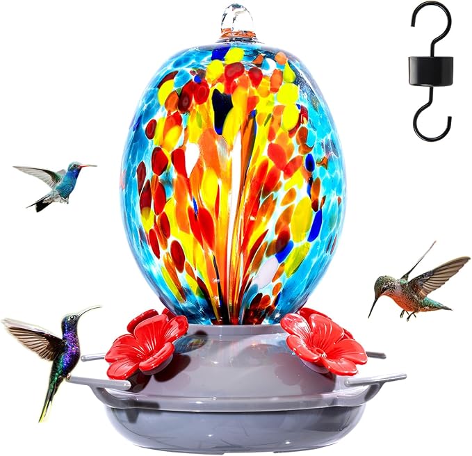 Muse Garden Hand Blown Glass Hummingbird Feeder - 19OZ Plastic Base Humming Bird Feeders for Outdoors Hanging, Garden Decor Gifts for Bird Lovers, Blue Fireworks