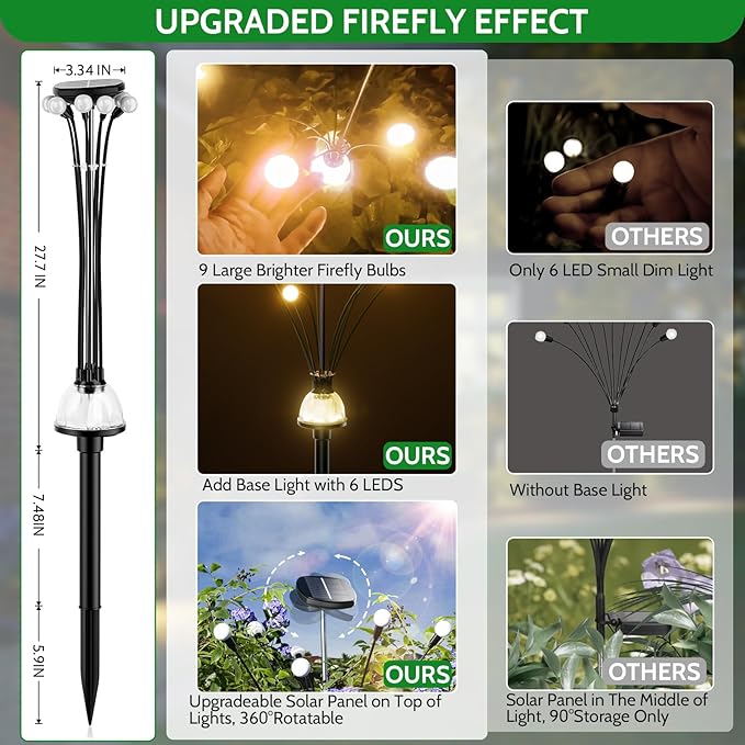 AOSEA 4 Pack Larger Bulbs Solar Garden Lights Outdoor, Solar Firefly Lights Fairy Swaying by Wind for Outside, IP67 Waterproof, for Patio Garden Yard Walkway Sidewalk, Black