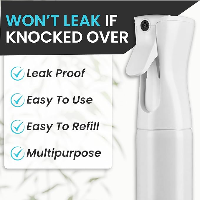 Hula Home Spray Bottle for Hair (10.1oz/300ml) - Powered by Flairosol® Spray Technology - Continuous Ultra Fine Mist Sprayer – For Hairstyling, Cleaning, Salons, Plants, Essential Oil - All White