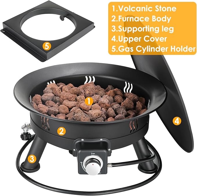TLSUNNY 24'' Propane Fire Pit，58,000 BTU Portable Smokeless Firebowl with Self Igniter,Cover，Lava Rocks，Gas Cylinder Holder for Camping，Outdoor Living，Patio，Backyard,Tailgating,Garden，Deck,RV