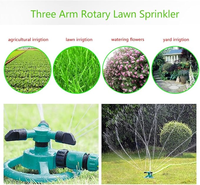 ViaGasaFamido Garden Sprinkler Automatic 360° Circle Rotating Watering Sprinkler Irrigation System Lawn Sprinkler with 3 Nozzle Pipe Hose for Yard Large Area