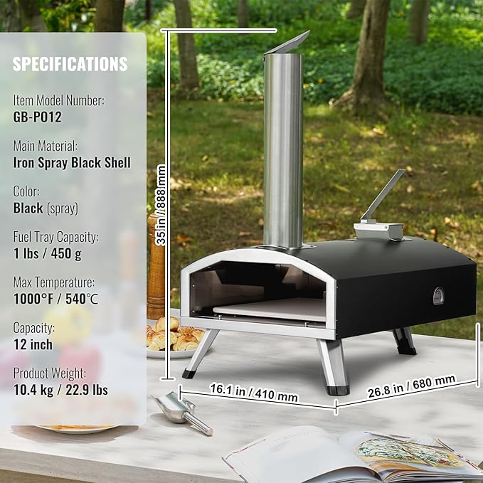 VEVOR OUTDOOR Pizza Oven, 12 Inch Wood Fired Pizza Ovens, Pellet Pizza Stove with Thermometer, Portable Pizza Maker for Outside Backyard Patio Camping, Pizza Stone, Carry Bag, Shovel, Black