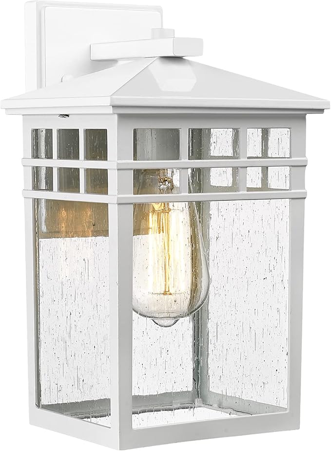 Outdoor Light Fixture Wall Mount, Rustic Exterior Lights Fixture Wall Sconces with Seeded Glass for Front Porch, Waterproof Outdoor Lantern in White Finish for Home, Garage, Barn, Storefront