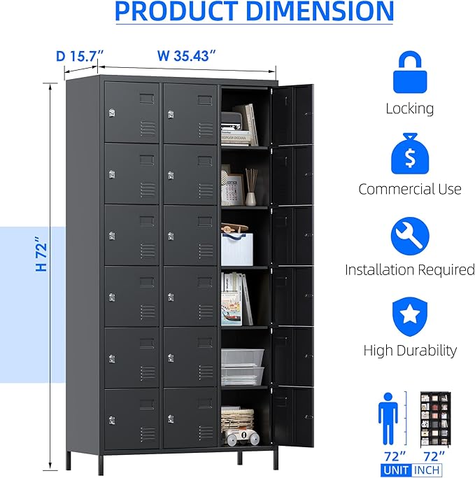 METAN Metal Locker for School Office Gym Bedroom, 18 Doors Black Steel Storage Locker Cabinet for Employees, Industrial Storage Locker, Assembly Required (18 Door-Black)