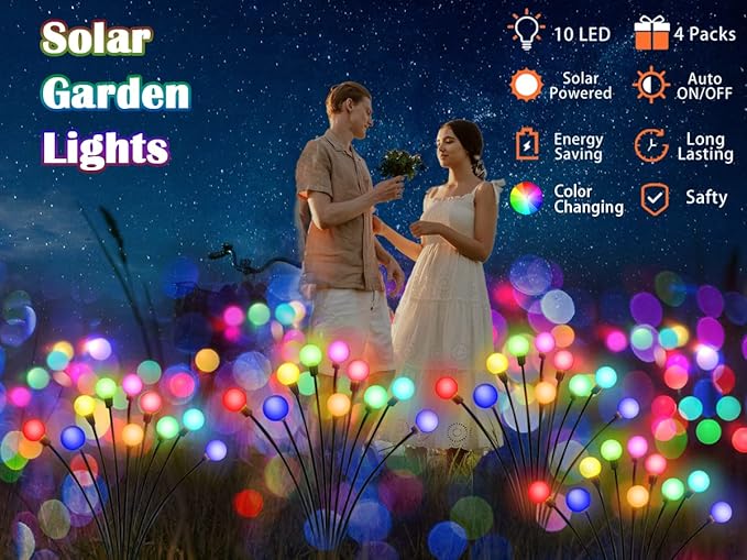 Solar Garden Lights - 4 Pack 10 LED Color Changing Solar Firefly Swaying Decorative Lights for Yard Patio Walkway Garden Pathway Decoration