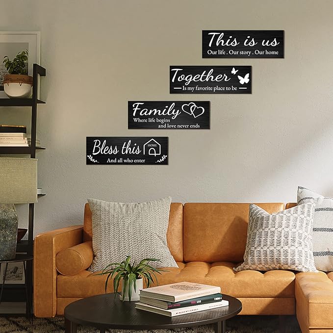 Joyhawk 4 Pieces Home Wall Decor Signs, THIS IS US/TOGETHER/BLESS THIS HOME/FAMILY Wall Decor For Living Room Bedroom, Rustic Wooden Farmhouse Wall Art Decor, 4.7 x 13.8 Inch(Black)