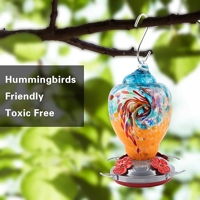 WOSIBO Hummingbird Feeder for Outdoors Patio Large 32 Ounces Colorful Hand Blown Glass Hummingbird Feeder with Ant Moat Hanging Hook, Rope, Brush and Service Card (Blue-Orange)