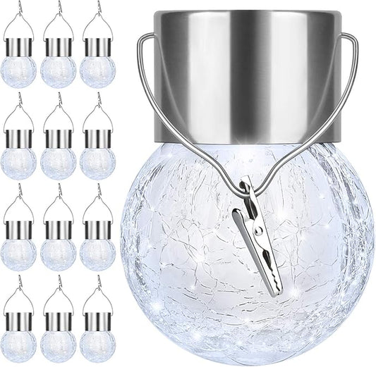 12Pack Outdoor Hanging Solar Lights - Solar Powered Crackle Glass Ball Lights Waterproof Tree Hanging Outdoor Globe Lights with Hook for Garden Balcony Patio Christmas Party Decoration, Daylight White