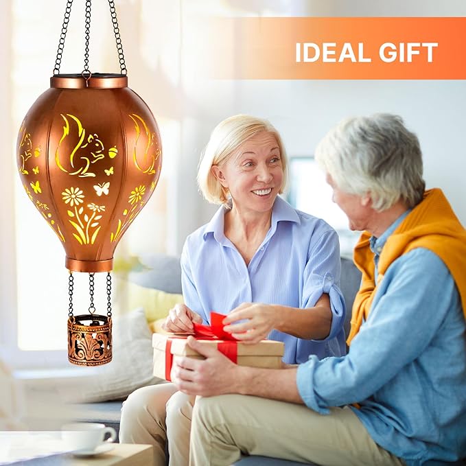 Squirrel Solar Lights Outdoor Waterproof Hot Air Balloon Metal Hanging LED Lantern Decoration Garden,Patio,Yard,Porch for Christmas Decor Gifts for Women Mom Friends