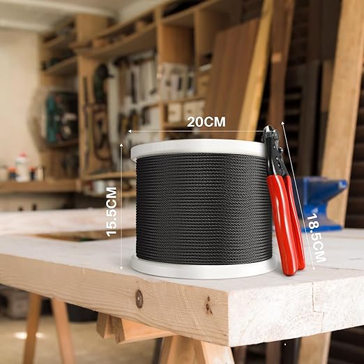 800FT 1/8" Black T316 Stainless Steel Cable, 7x7 Strands Construction, Black Wire Rope Aircraft Cable for Indoor, Outdoor, Deck Fence Railing, and DIY Balustrades