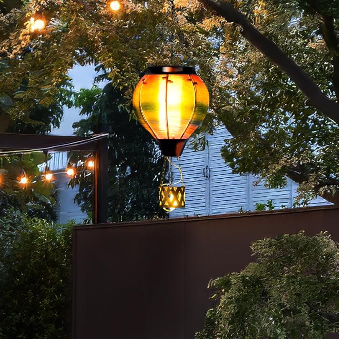 Starsoul 2 PC Solar Hot Air Balloon Lantern with Flame Multi-Color Hot Air Balloon Lantern with Candle Holder Metal & Glass Hanging Garden Light Waterproof Outdoor Lantern Decor