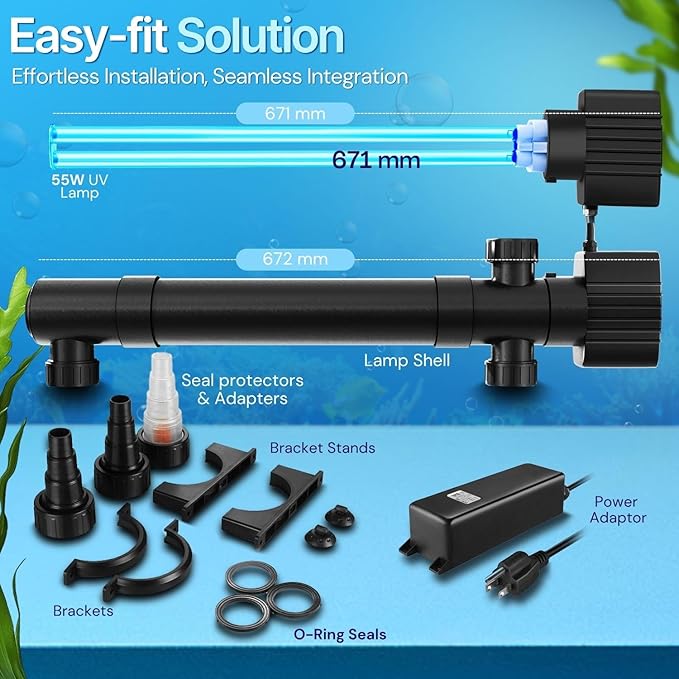 Flexzion Pond UV Lights for Outdoor Ponds - 55W XL Light, 13209 Capacity, 5000L/H UV Pond Clarifier for Outdoor Ponds, Clears Water in Days (CUV-155)