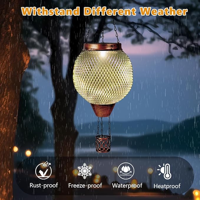 Starsoul 2 PC Cage Hot Air Balloon Solar Lantern with Flame Glass Outdoor Hanging Hot Air Balloon Solar Light Lamp Waterproof Garden Patio Yard Party Decorations