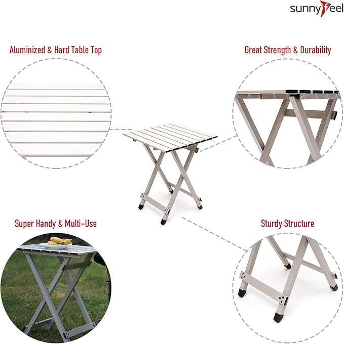 SUNNYFEEL Folding Camping Table - Lightweight Aluminum Portable Picnic Table, 18.5L x 18.5W x 24.5H Inch for Cooking, Beach, Hiking, Travel, Fishing, BBQ, Indoor Outdoor Small Foldable Camp Tables