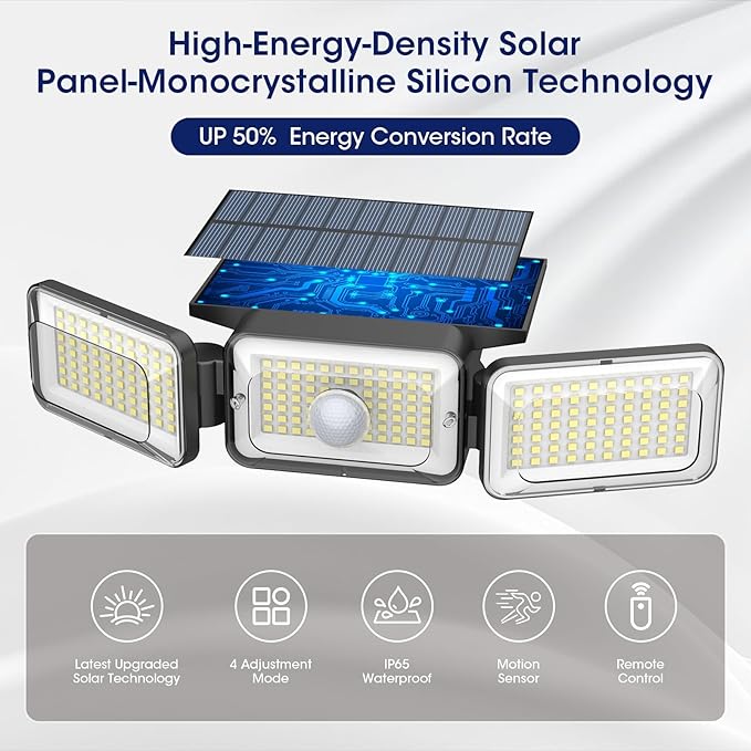 Solar Lights Outdoor Waterproof, Motion Sensor & Flood Outdoor Lights with Remote Control, 4 Adjustable Modes, 3000LM & 218 LED, High-Energy-Density Solar Panel-Monocrystalline Technology, 4 Pack