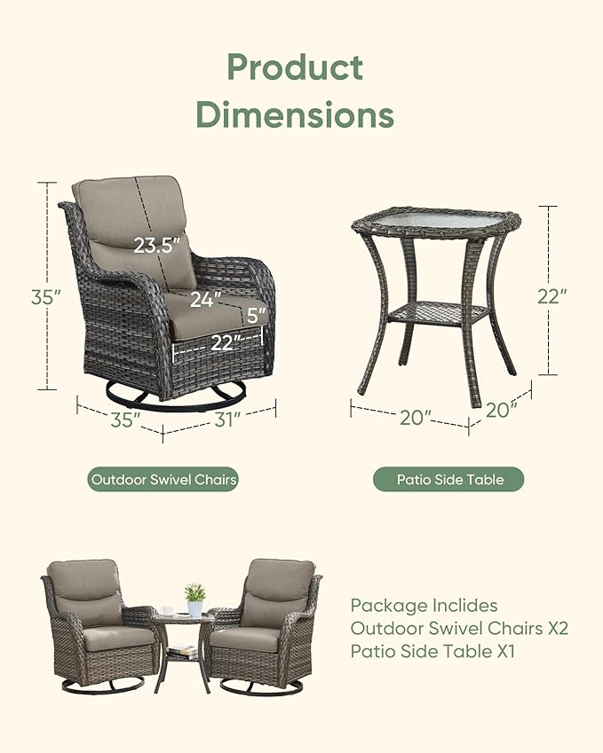 HUMMUH Wicker Patio Furniture Set with Outdoor Swivel Rocker Patio Chairs,High Back Outdoor Couch and Table 5 Pieces Outdoor Furniture for Porch Garden Deck