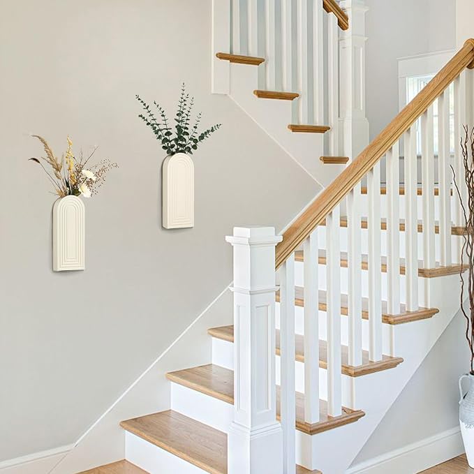 Wooden Wall Planter Vase Set of 2, Boho Hanging Planter for Indoor Plants & Flowers, Natural Wood Wall-Mounted Planters for Art Home Decor - Living Room, Bedroom, Bathroom, Patio (Milky White)