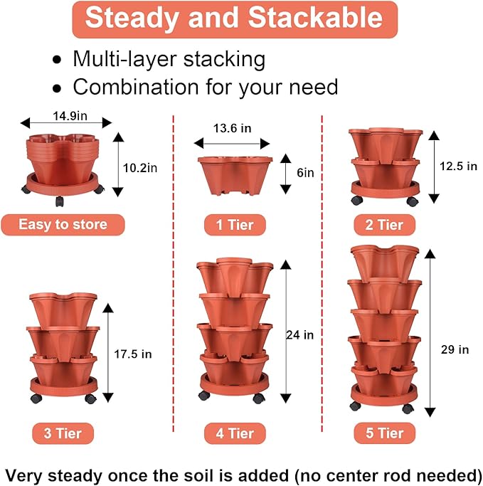 Vertical Planter 5 Tier Stackable Planters Garden Planters Strawberry Herb Flower and Vegetable Planter Indoor Outdoor Gardening Pots with Removable Wheels and Tools