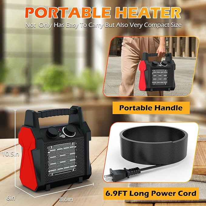 1500W PTC Electric Space Heater with Overheat & Tip-Over Protection, Portable Indoor Outdoor Heater with 3 Modes, Small Fan, Quiet for Bedroom, Garage, Patio