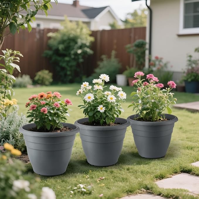 12 Inch Plant Pots, Large Planters for Outdoor Plants, Plastic Flower Pots - Durable and Lightweight with Drainage Holes (3 Packs, Gray)