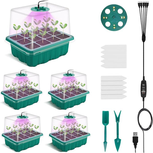 Seed Starter Tray with Grow Light, Plant Germination Starter Kit Seed Starter kit with Humidity Dome and Base for Greenhouse Grow Wheatgrass Hydroponic (Timed Seedling Tray)