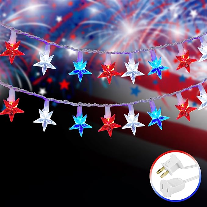 100 LED Red White and Blue Star Lights, 37FT 4th of July Star String Lights Plug in for Home Patio Garden Yard Memorial Day Independence Day Patriotic Decorations Outdoor, White Wire