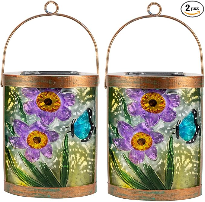 Starsoul 2 Pack Hanging Solar Lantern Outdoor Waterproof Glass Butterfly and Flowers Decorative Solar Lights for Outside Garden Yard Table Patio Decor