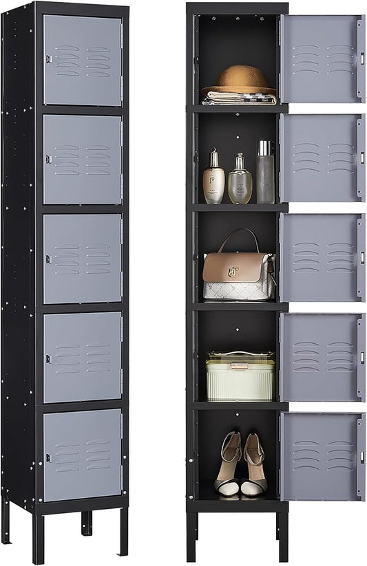 Letaya Metal Locker for Employees,5 Tiered Lockable Storage Organizer Steel Wall Lockers for Work,School,Gym,Home,Office,Staff,Kid Room (5 Door-Black Gray)