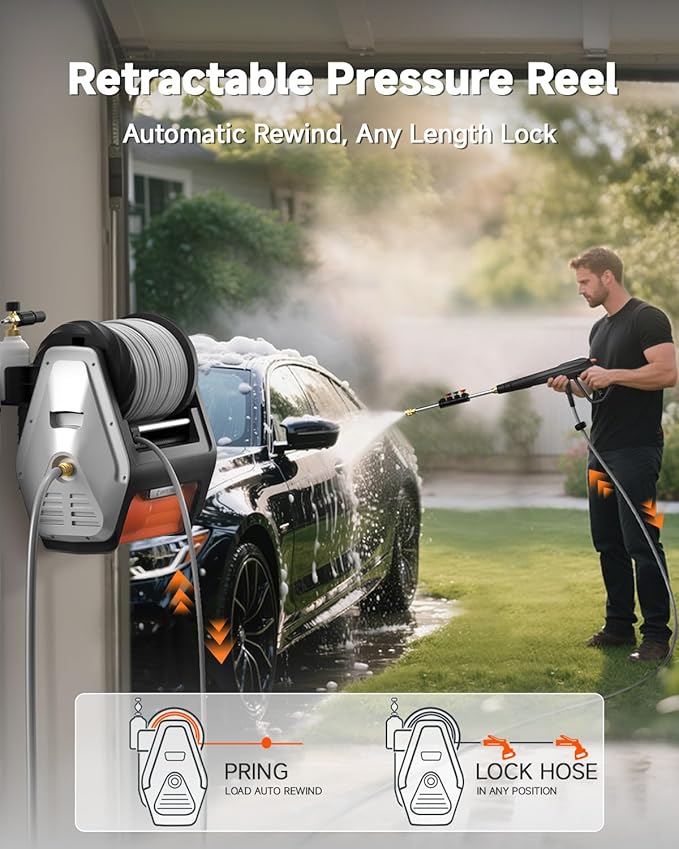 Giraffe Tools Wall Mount Pressure Washer PRO with Max 3700PSI 1.6 GPM, Upgraded 1800W Brushless Motor, Electric Power Washer with 100ft Pressure Hose, 4-Nozzles, Foam Cannon, Automatic Rewind