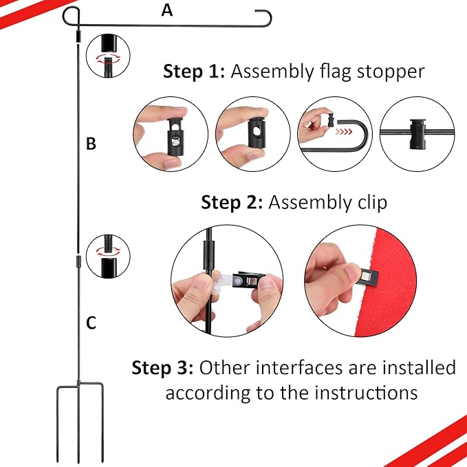 Chumia 10 Pack Garden Flag Holder Stand, Premium Garden Flag Pole Holder Powder Coated, Metal Three Prongs with Clip and Spring Stoppers for Outdoor Home Lawn Decoration, 15 Inch