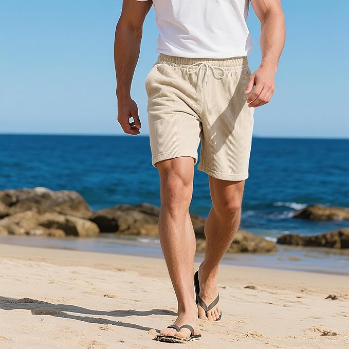 Mens Cargo Shorts Casual Drawstring Elastic Waist Corduroy Summer Beach Shorts with Pockets