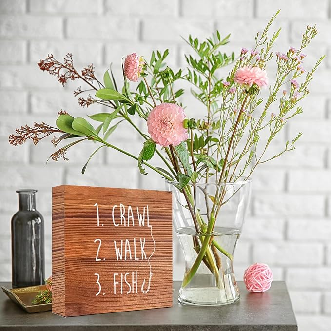 Brown Country Crawl Walk Fish Rustic Wooden Sign Desk Decor,Funny Baby Fishing Wood Block Sign Desk Decorations for Home Bedroom Baby Room Shelf Table Decor