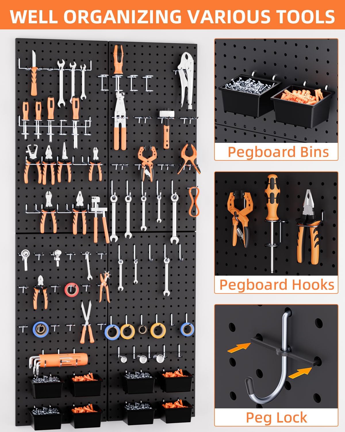 INCLY 158PCS Metal Pegboard Wall Organizer, 48x24 Inch Black Pegboard Panels Tool Organizer Kit with Accessories Hooks and Bins, Peg Board Utility Tool Storage for Garage Workbench Shed