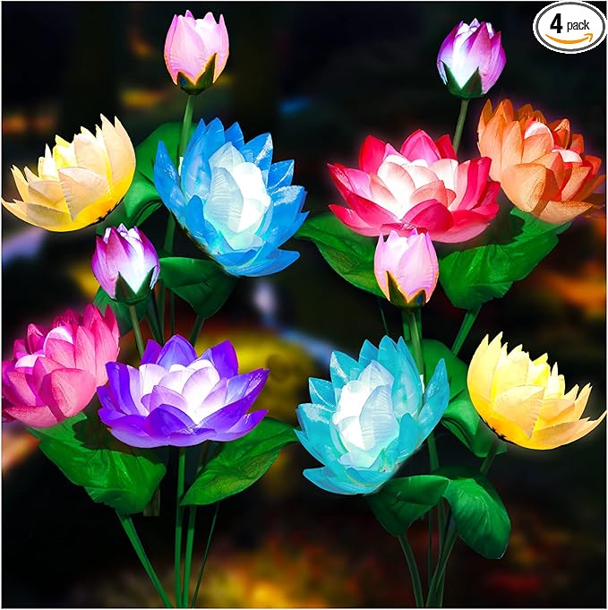 TONULAX Solar Garden Lights, Lotus Flower Lights, Outdoor Light for Garden, Patio, Yard Decoration, 7 Color Changing Decorative Light, Larger Solar Panel(4 Pack)