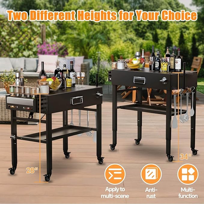 Grill Table for Ninja Woodfire OG700, Foldable Grill Cart for Blackstone, Weber, Ooni Pizza Oven, Upgraded Portable Outdoor Grill Stand, Adjustable Height, with Caddy, Paper Towel Holder, 4 Wheels