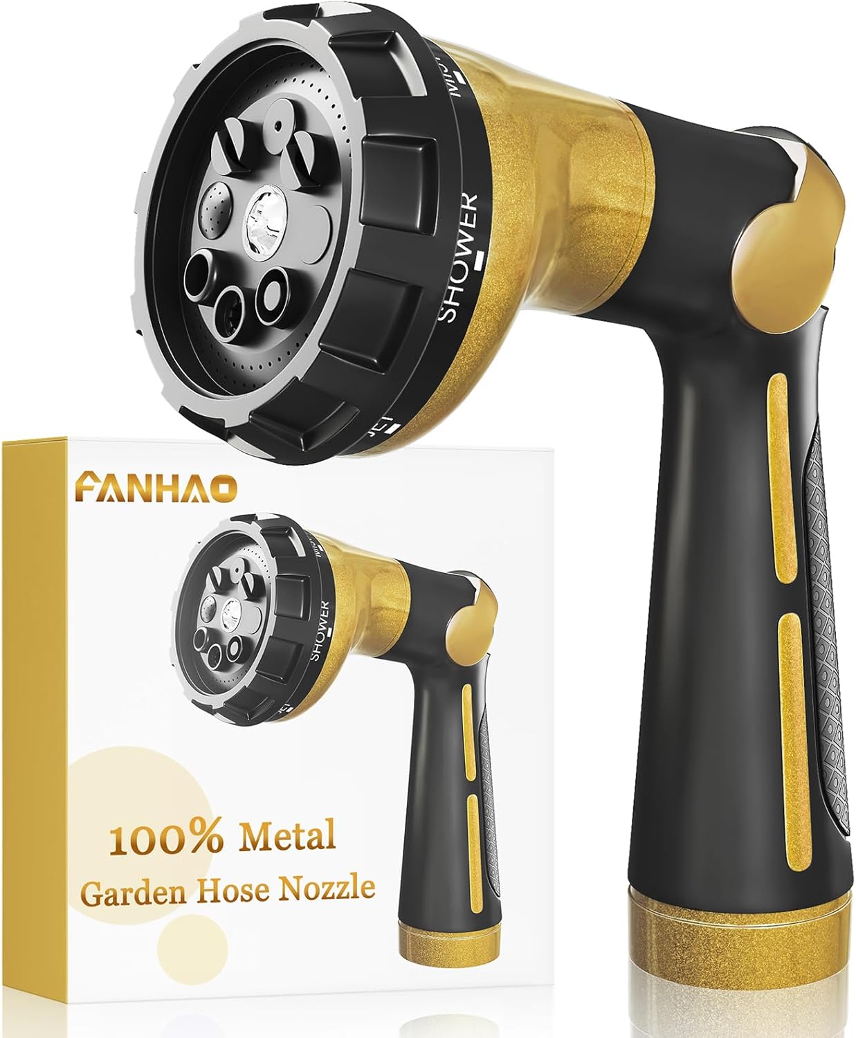 FANHAO Garden Hose Nozzle Heavy Duty, 100% Metal Water Hose Sprayer with 8 Spray Patterns, High Pressure Spray Nozzle Thumb Control On Off Valve for Outdoor Lawn & Plant Watering, Car & Pet Washing