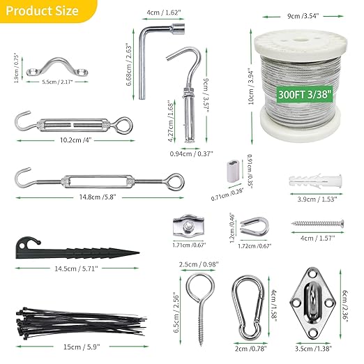3/38" Wire Cable Rope Kit ，Vinyl Coated 304 Stainless Steel Wire – 300FT 7x7 Strand Cable with Turnbuckles，Shade Sail & Hanging Lights Hardware Kit for Outdoor, Garden,Patio, Crafts,