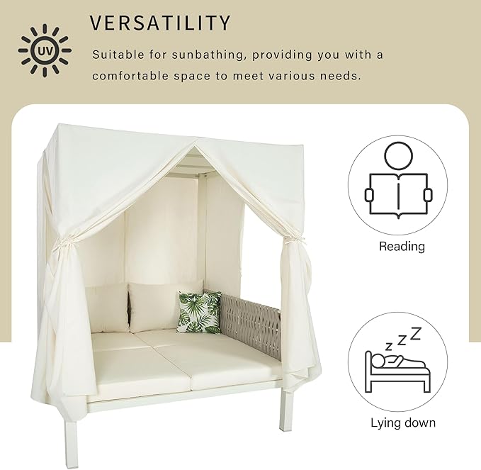 Polibi Outdoor Patio Sunbed with Beige Curtains,Outdoor Sun Lounger Bed with Pillows,Rubber Core Rope Weaving Outdoor Double Chaise Lounge Suitable for Pool,Garden,Beige