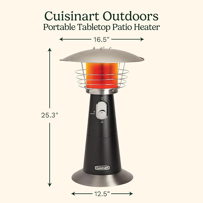 Cuisinart Portable Tabletop Patio Heater, 11,000 BTU Outdoor Propane Heater with Safety Tilt Switch and Adjustable Heat, Burner Screen Guard, 30 sq. Foot Heat Range, Black
