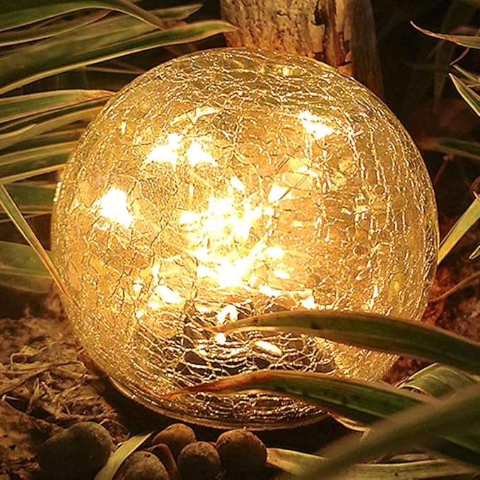 TOMEX Solar Garden Lights, Cracked Glass Ball Waterproof Warm White LED for Outdoor Decor Decorations Pathway Patio Yard Lawn, 1Pack (4.7")